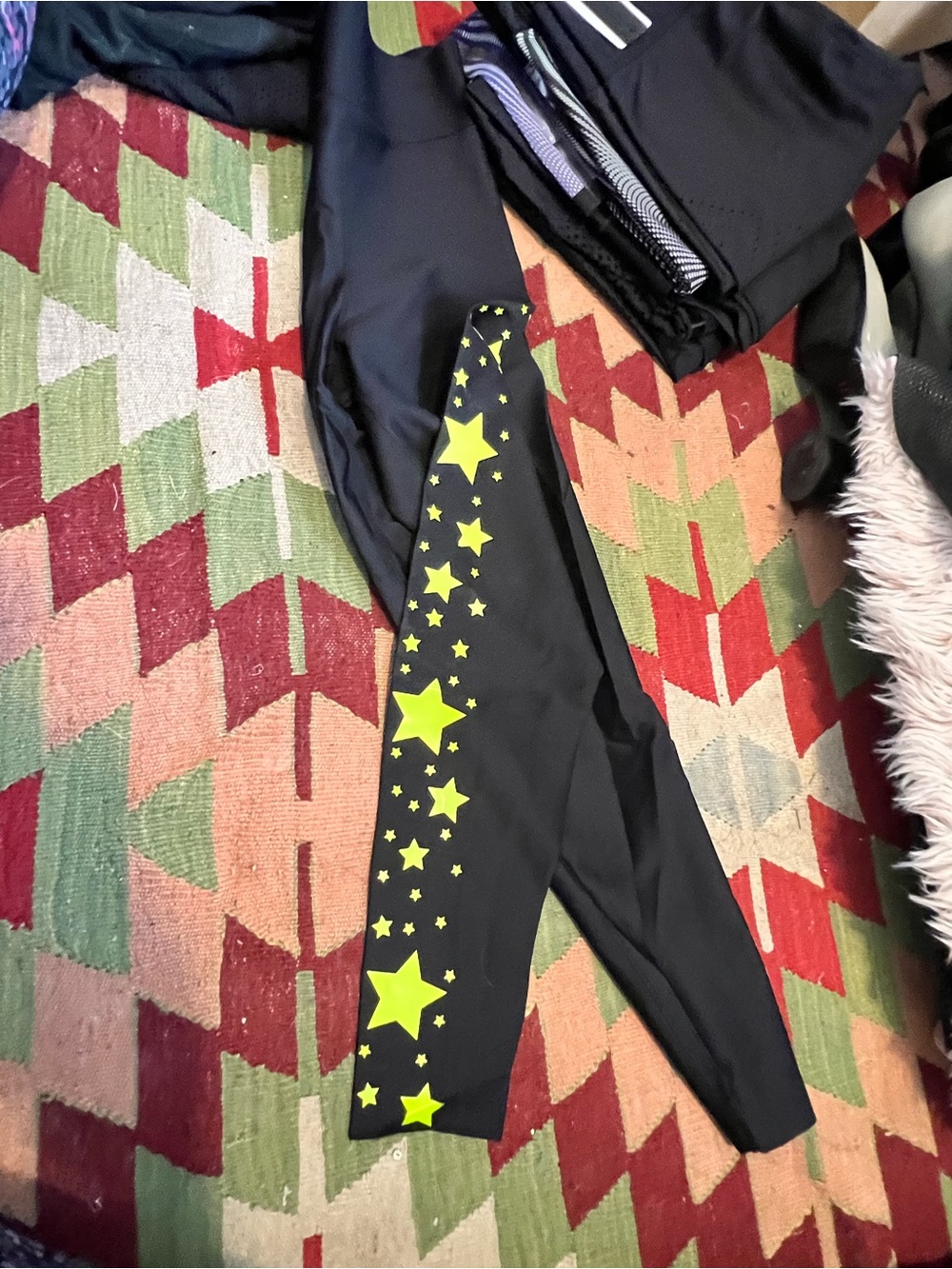 ultracor Black Leggings with Neon Yellow Star Print NWT size L